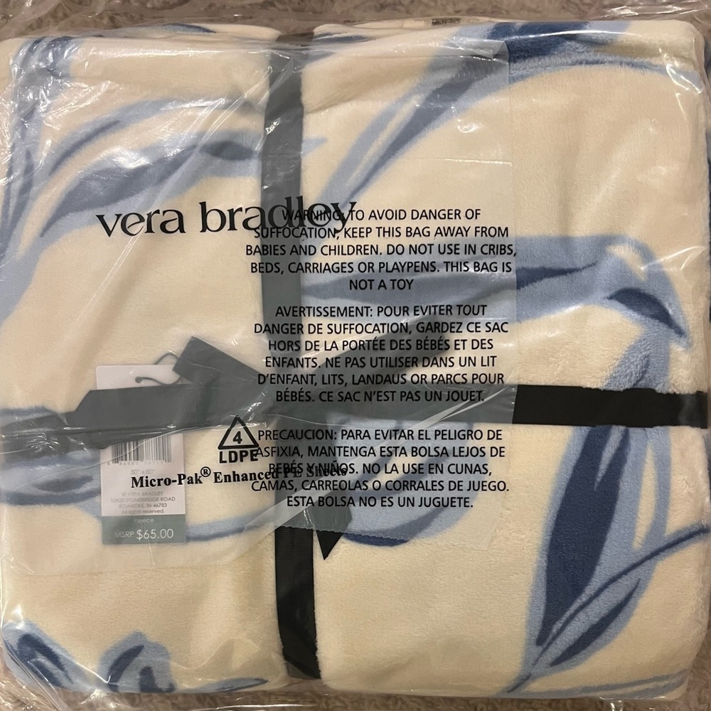 Vera Bradley Blue and Cream Throw Blanket Floating Tulips Seedpearl